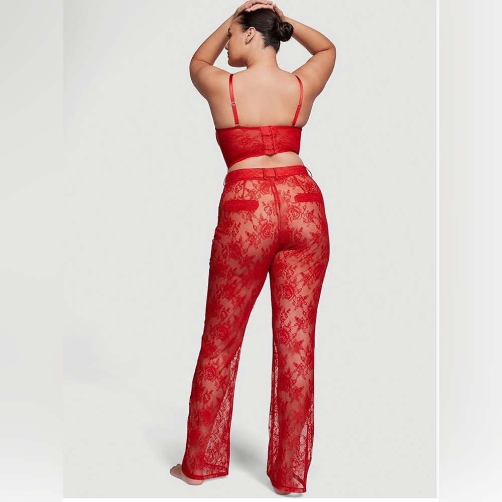 Victoria’s Secret Red Lipstick Rose Sheer Lace Pants Size Large NEW